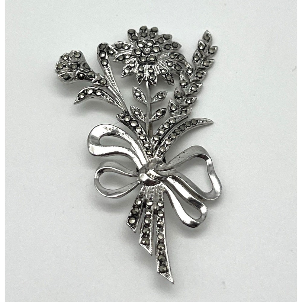 Marcasites Silver Sunflower Floral Bouquet Broach Pin With Bow - Stamped